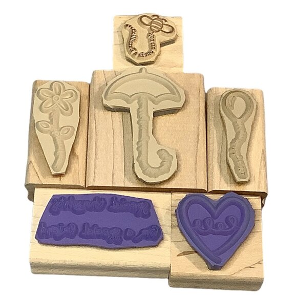 Stampin Up! Wooden Rubber Stamps The Fine Print Balloon Flower Heart Bee Umbrell - Picture 3 of 10